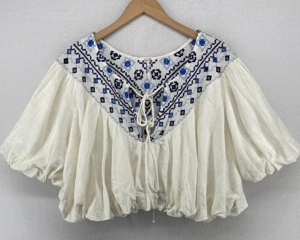 FREE PEOPLE Joni Top L Boho Embroidered Shirred Puff Sleeve Cropped White Blue